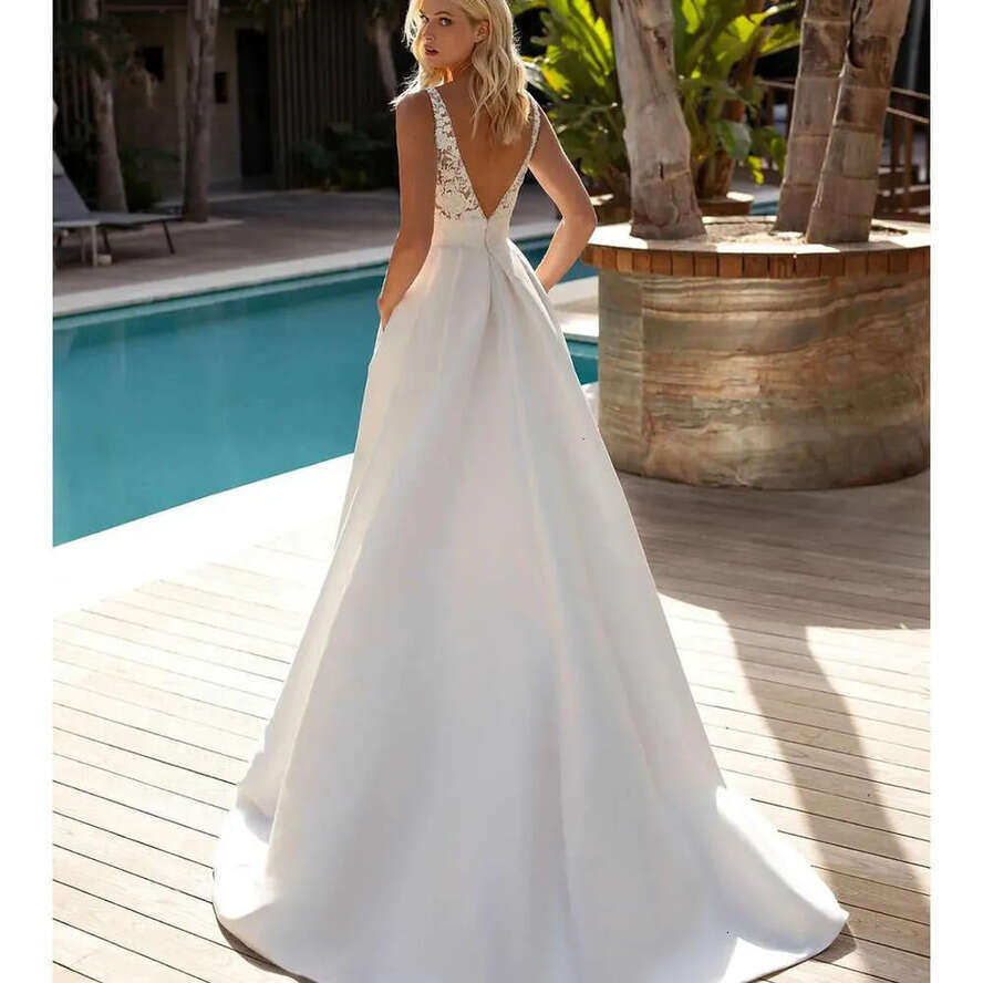 Elegant A De E V Neck Noiva Boho Vestido Satin Lace Appliques Plus Size Wedding Gown Bridal Dresses Legant Estido Ppliques Stido 6660311