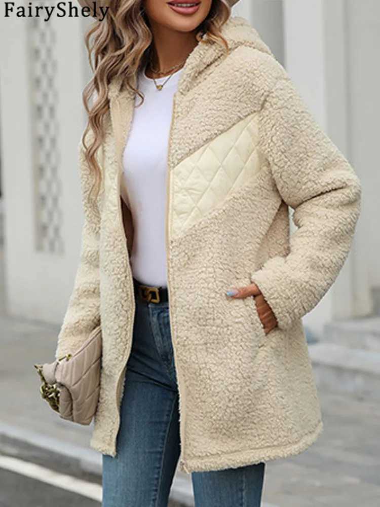 FairyShely 2024 Winter Solid Patchwork Women Jacket Thick Plush Hooded Warm Long Sleeve Long Coat Soft Zipper Cardigan Lady CoatX241018