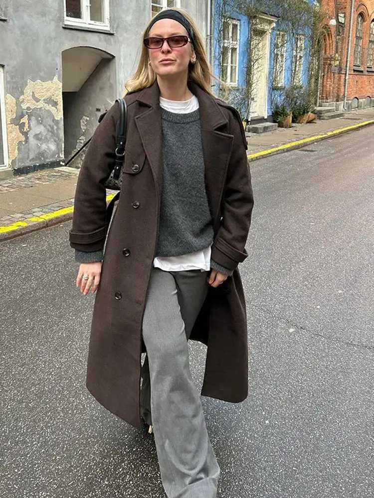 Elegant Brown Double-breasted Woolen Overcoat With Belt Women Long Sleeve Loose Lapel Casual Coat Autumn Warm Commute OutwearX241009