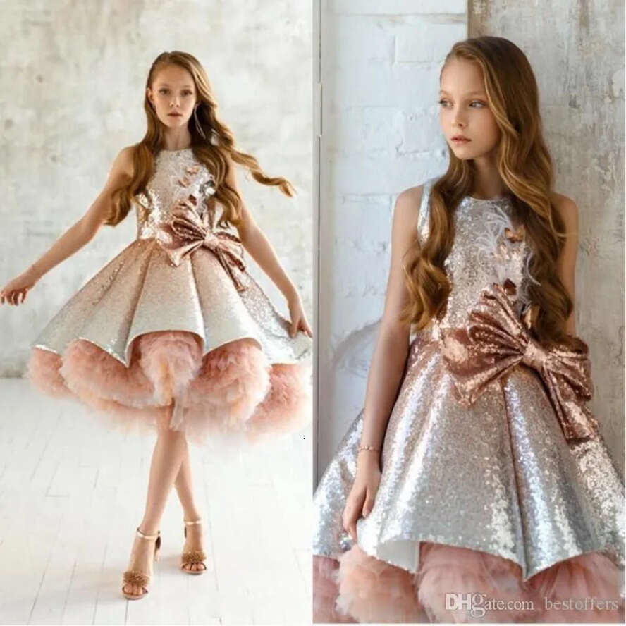 New Princess Sequins 2020 Blush Pink Pageant Gowns Tiered Ruffles Tulle Ruched Wer Girls Puffy Prom Dresses