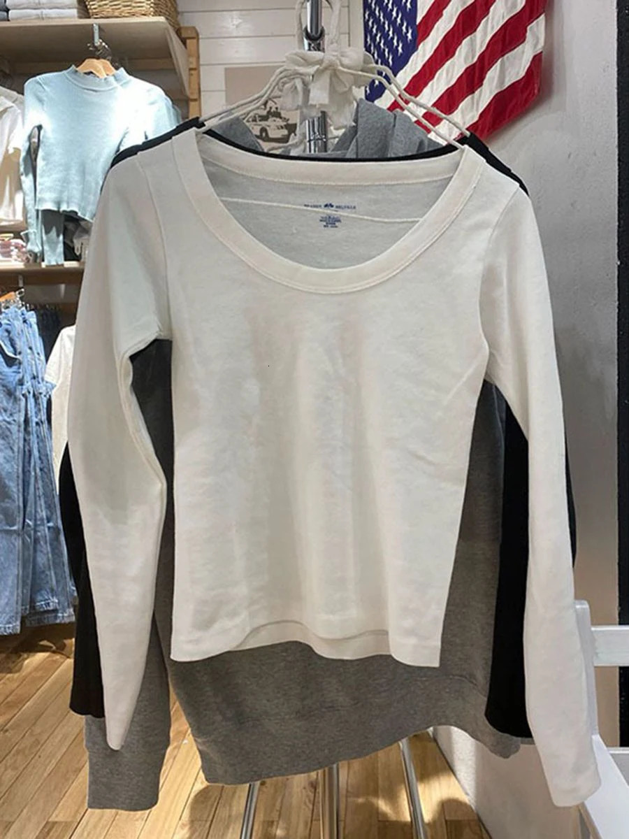 Women Solid Long Sleeve TShirt O Neck Basic Casual Slim Tee Shirt Spring Fashion Cotton Y2k White Simple Cute Tops Chic 241018