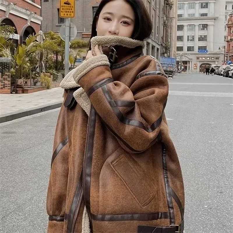 2024 Autumn/Winter New Lamb wool Coat Womens Short Loose Long Sleeve Vintage Motorcycle Thicken Jacket Top Female Warm OutwearX241018