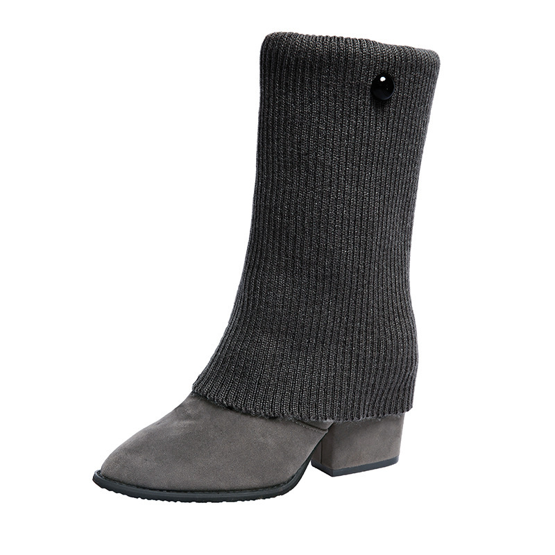 Sharp pointed, thick heeled Martin boots for women, 2024 autumn and winter new item, solid color, high heels, knitted, internet red, slim boots, midso