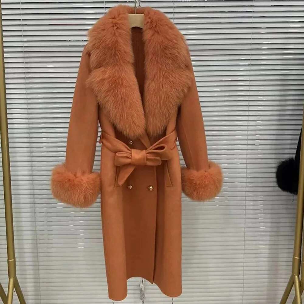 New Long Wool Cashmere Blended Coat Women 2024 Double Breasted Belt Outerwear Cuff Real Fox Fur Collar Fashion Winter Jacket