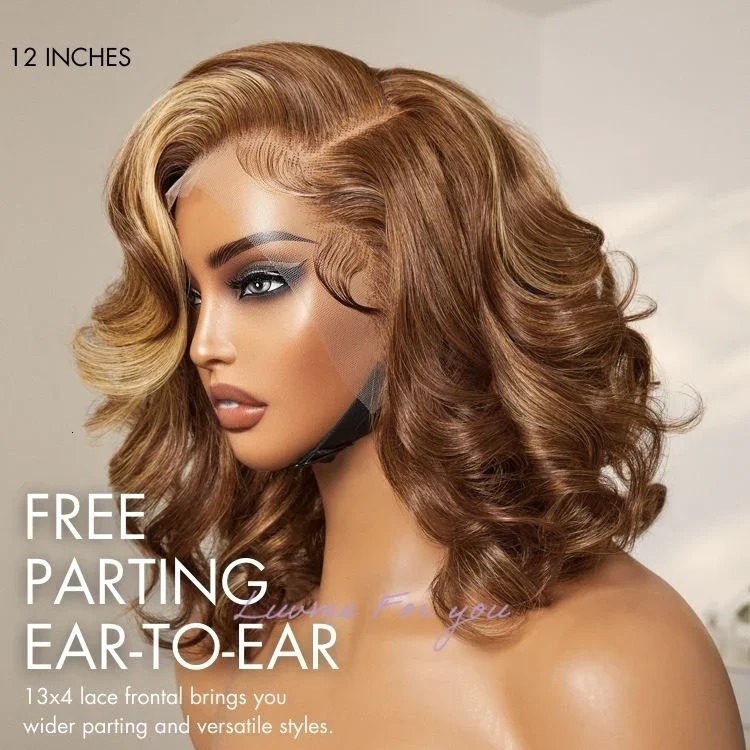 Tewjig 12 14 Inch Honey Blonde Highlight Bouncy Loose Body Wave Glueless 13X4 Frontal Lace Wig 100% Human Remy Hair