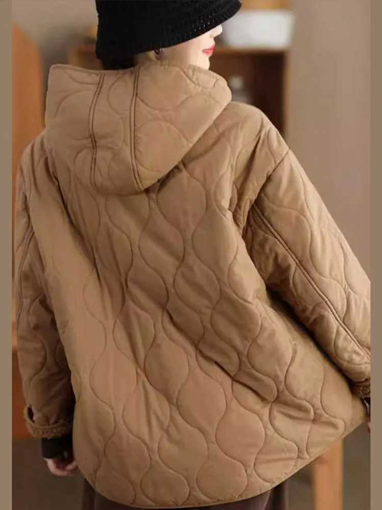 Lamb Wool Warm Jacket Thick Hooded Cotton Coat Womens Retro Long Sleeved Large Size Jacket Loose Casual Warm Comfortable WinterX241018
