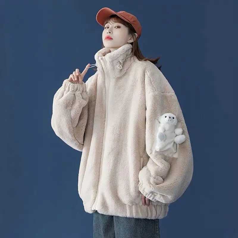 Autumn Winter New Foreign Style Lamb Wool Plus Velvet Cotton Coat for Womens Age Reduction New Sweet and Warm Non-padded CoatX241018