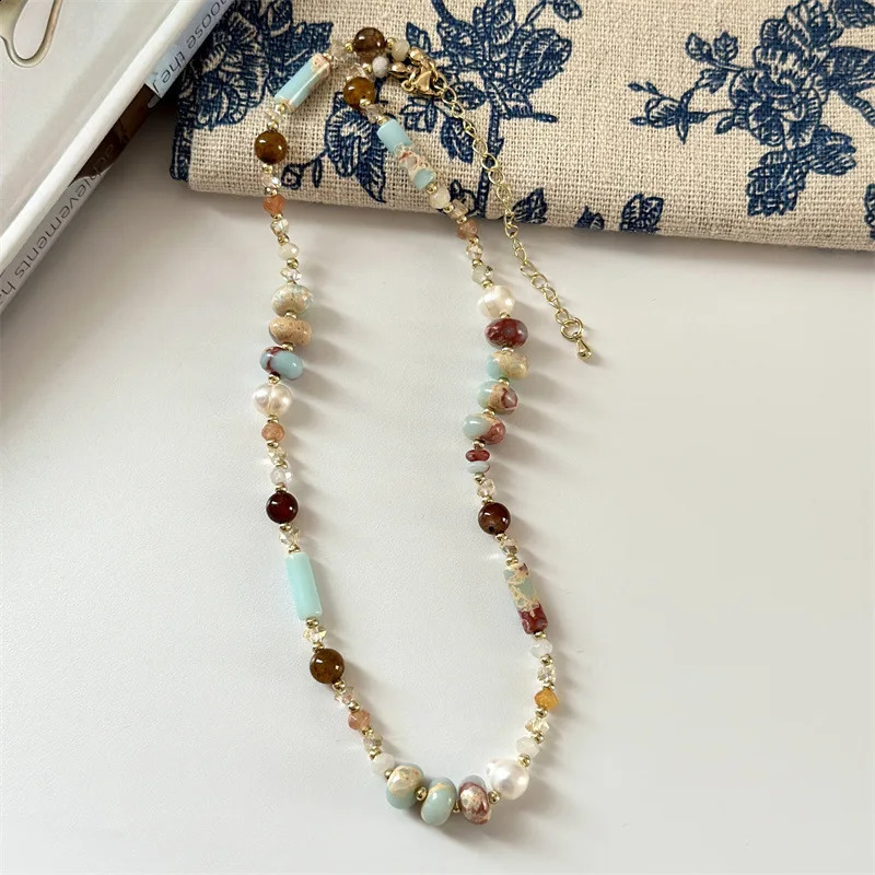 Bridal handmade irregular womens jewelry necklace party gift Bohemian colored natural stone bead necklace vintage necklace 241018