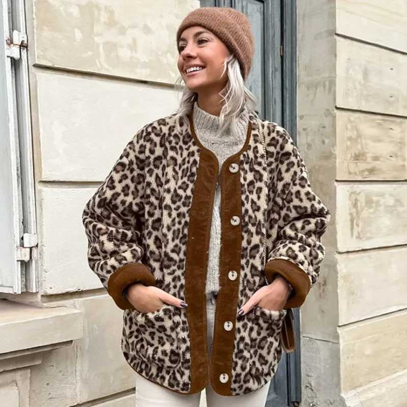 HOUZHOU Leopard Print Lamb Wool Coats Women 2024 Winter High Street Vintage Y2K Polar Fleece Loose O-Neck Button Warm JacketX241018