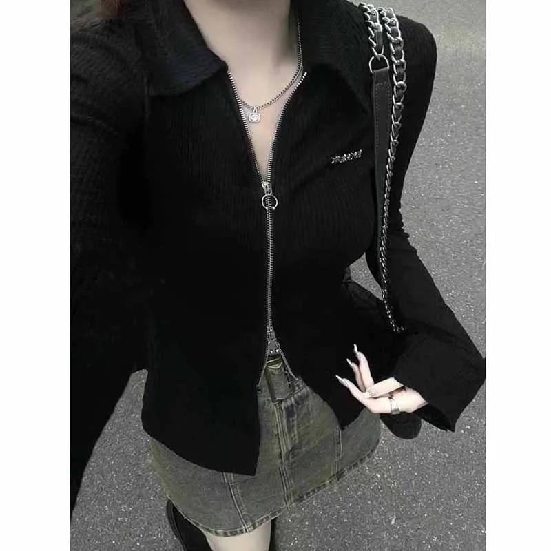 Lucyever Autumn Black T Shirts Women Y2K Streetwear Zipper Crop Tops Woman Sexy Slim Turn Down Collar Long Sleeve Tees Lady 241018
