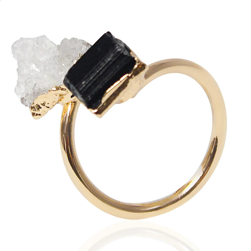 Irregular Druzy Quartz Stone Black Tourmaline Open Ring Boho Golden Handmade Raw Crystal Finger Jewelry Resizable 241010