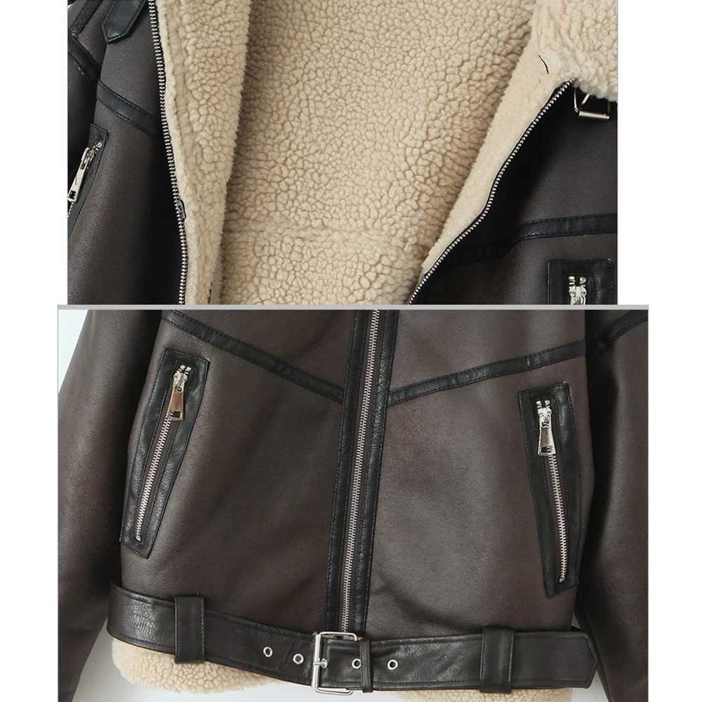 Women Jacket Winter Streetwear Faux Lamb Leather Fur Short Jacket with Belt Moto Biker Thick Warm Coat OutwearX241018