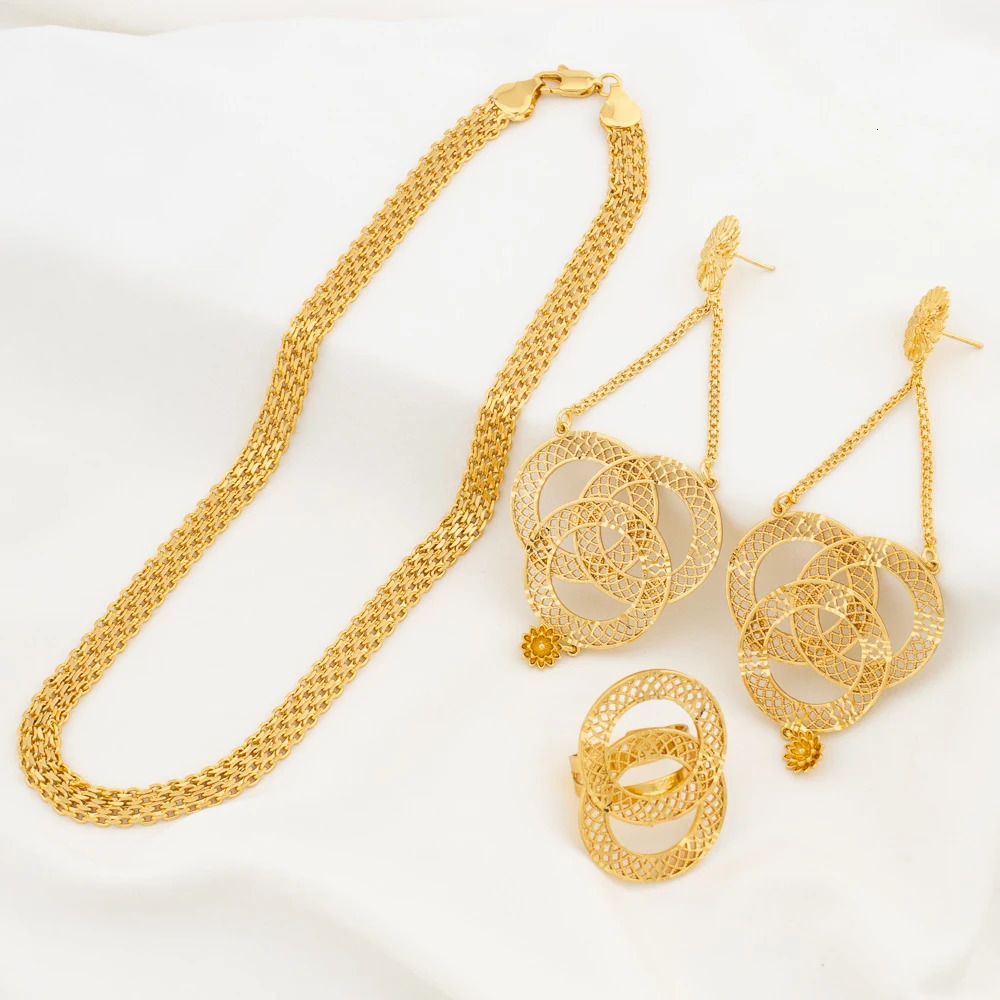 Gold Color Jewelry Sets for Women Bridal Necklace Earrings Adjustable Ring Dubai African Banquet Wedding Ornament Gifts 241018