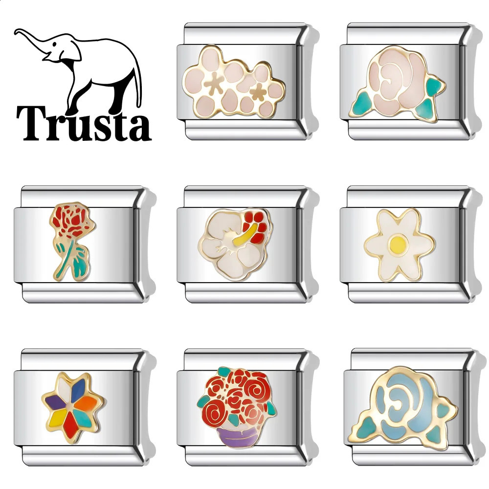 Trusta Romantic Sweet Flower Charm Italian Links 9mm Stainless Steel Bracelet for Girls Birthday Gift DIY Jewelry Wholesale N004 241010