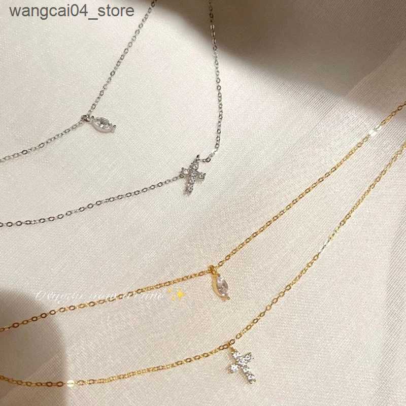Chokers New 925 sterling silver double cross necklace with gold geometric shape pendant necklace womens jewelry birthday gift L240910