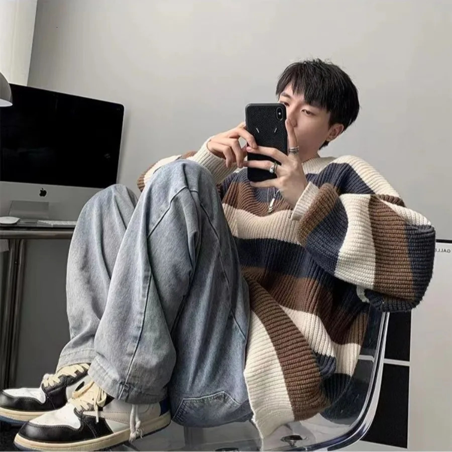 Warm Knitwear Thick Striped Mens Knit Sweater Fleeced Crewneck Round Collar Pullovers Male Vintage Long Sleeve Streetwear 241018
