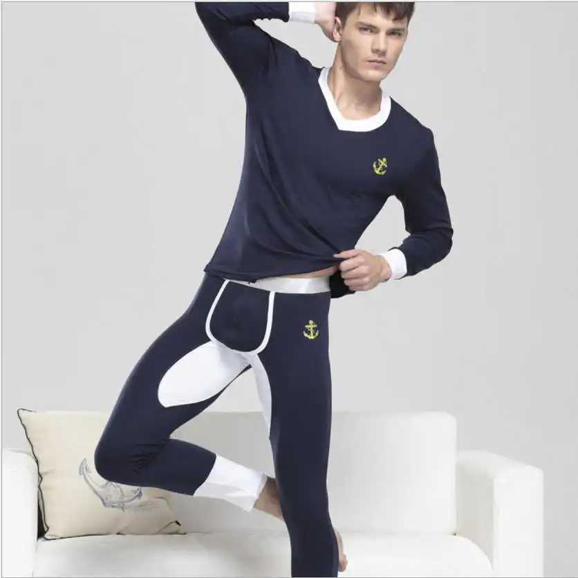Men's Thermal Underwear 1 set of high-quality mens autumn/spring cotton long Johnson suit V-neck comfortable hot underwear sexy elastic warm unde