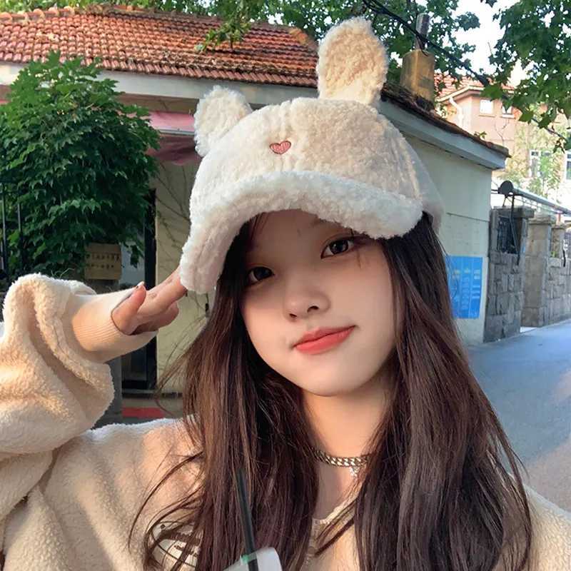 Cute Rabbit Ears Baseball Cap for Women Autumn Winter Warm Hat Girls Lambs Wool Duck Tongue Hat Warm Baseball Hat GiftX241018