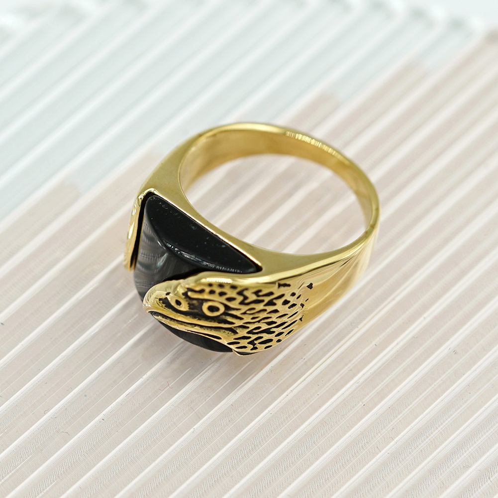 Hip Hop Hawk Head Black Agate Casting Ring Stainless Steel 18k Gold Plated Mens Jewelry