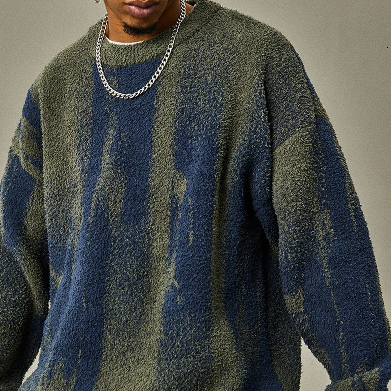 Vintage O Neck Knitting Sweaters Mens Long Sleeve Loose Furry Wool Sweater Tops For Men Fall Winter Fashion Fleece Jumpers 241018