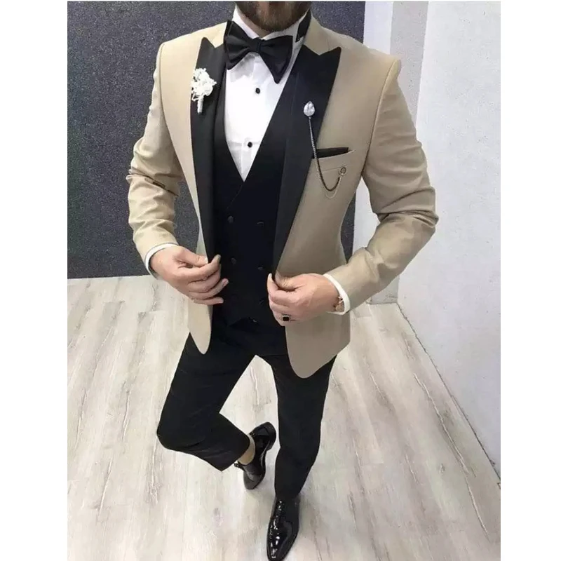 Men Suits Slim Fit For Wedding Groom Tuxedo Peaked Lapel 3 Piece Formal Male Fashion Jacket with Black Pants Vest 2025