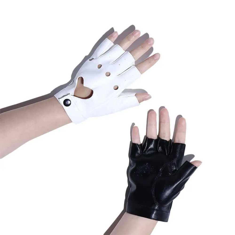 Egant Hip Hop Black and White Hollow Girl Punk Korean Anime Finger Gloves PU ather Womens GlovesW241018