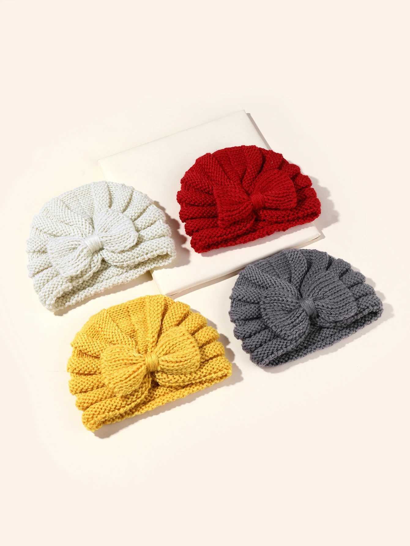 4pcs Bow Knit Baby Hat Girls Boys Elastic Bonnet Autumn Winter Warm Turban Hats Solid Color Woolen Cap Kids Accessories LX241018