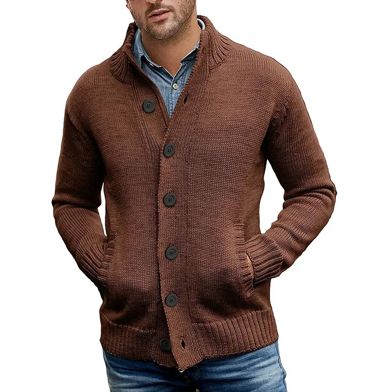 European and American Mens Sweater Cardigan Solid Color Singlebreasted Slimfit Highneck Knitted Autumn Winter Top 241018