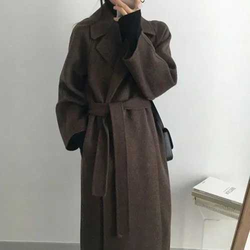 Korean Style Winter Long Wool Jacket for Women 2023 Solid Color Coat Batwing Warm Loose Woolen Overcoat Mujer Wear Belt JacketX241009