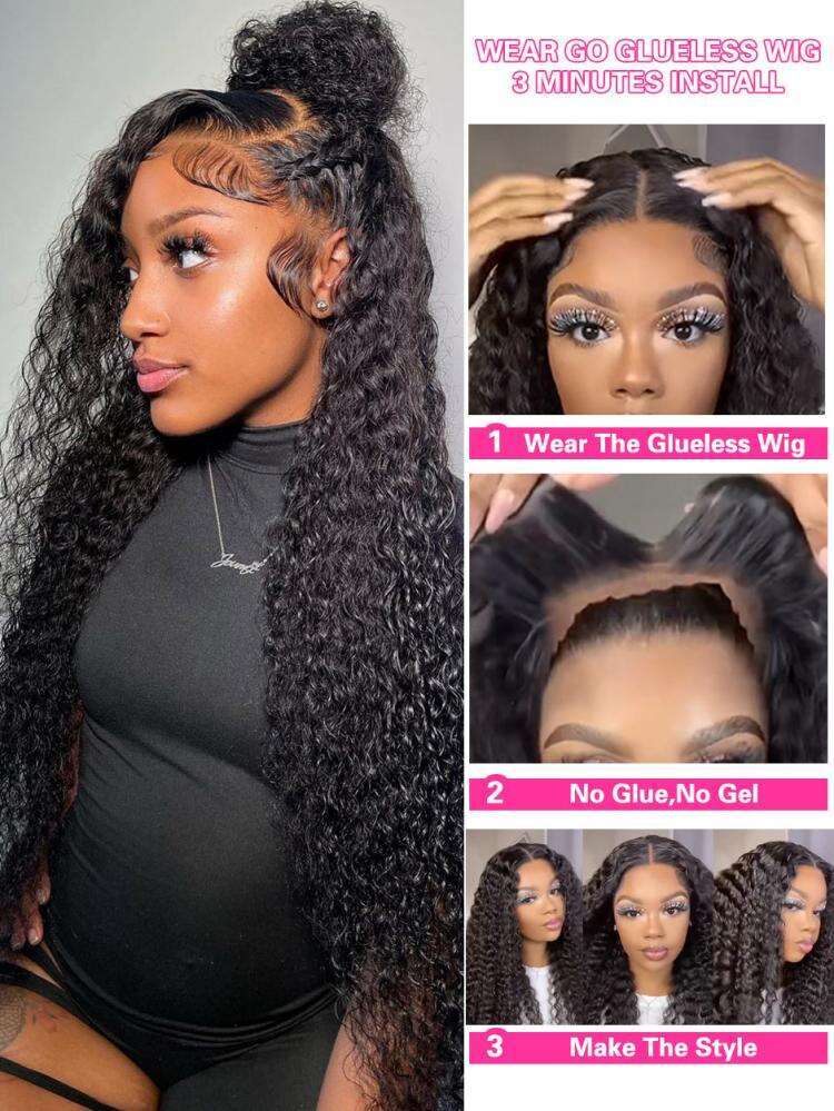 Deep Wave Glueless Wig Ready to Wear Pre-Cut 5x5 Lace Wig Pre-Plucked Glueless Curly Lace Frontal Human Hair Wigs For Women