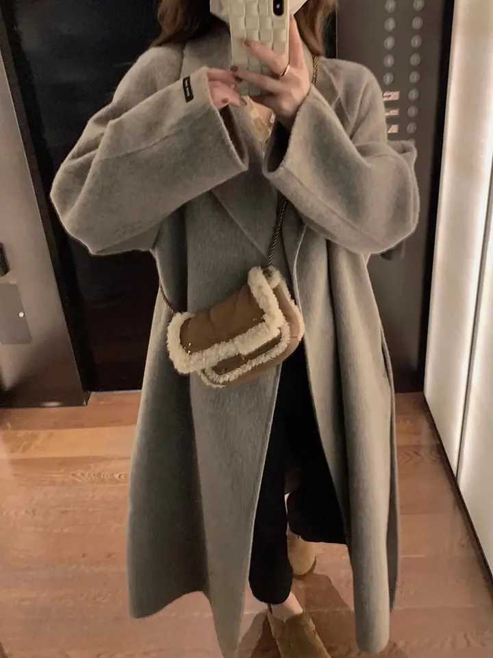 Casual Woolen Windbreakers Womens Overcoat 2024 Autumn Winter New Korean Loose Medium Long Double-sided Woolen Trenchcoat CoatX241009