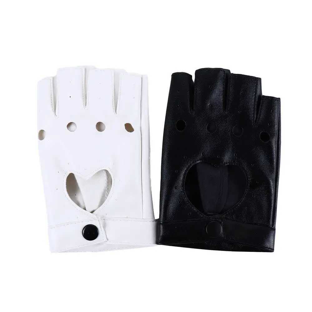 Egant Hip Hop Black and White Hollow Girl Punk Korean Anime Finger Gloves PU ather Womens GlovesW241018