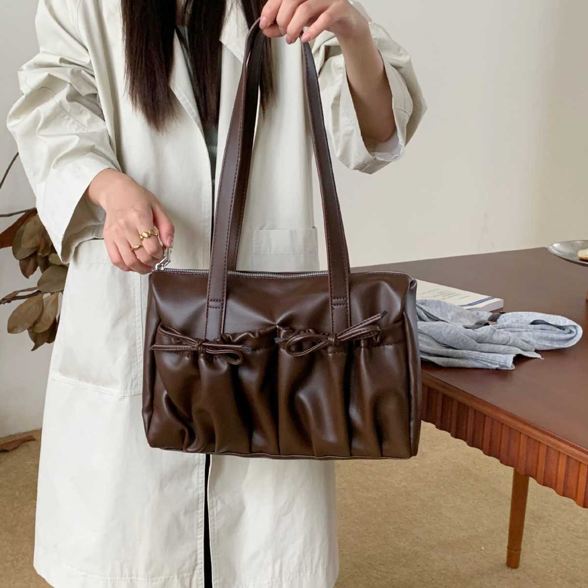 Korean version autumn winter underarm bag with pleated bow, fashionable versatile hand-held shoulder bag 241015
