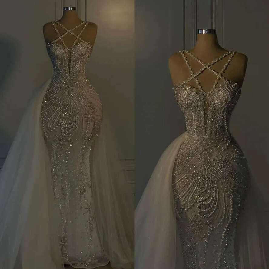 Mermaid Straps Chart Overskirts Cross Dress Gorgeous Pearls Beading Wedding Dresses Bridal Gowns Sweep Train Dubai Robe De Mariage Es es