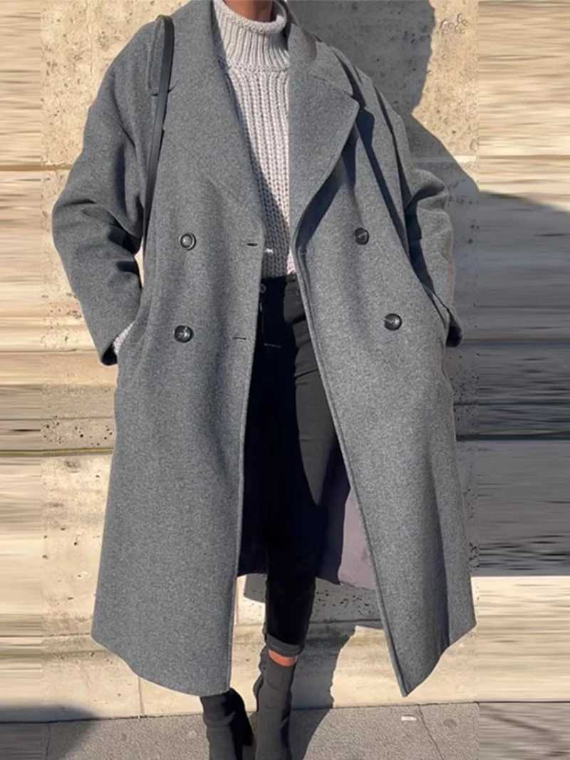 Women Oversize Lapel Double Breasted Woolen Coat Female Fashion Long Sleeves Wool Jacket 2022 Winter Warm Loose Commute OvercoatX241009