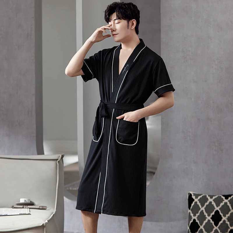 Big Yards L - 4XL Pajamas Mens Full Pure Cotton Knited Robes Sexy V-Neck Short Sleeve Bathrobe Male Solid Color Nightgown LoungeXJ241018