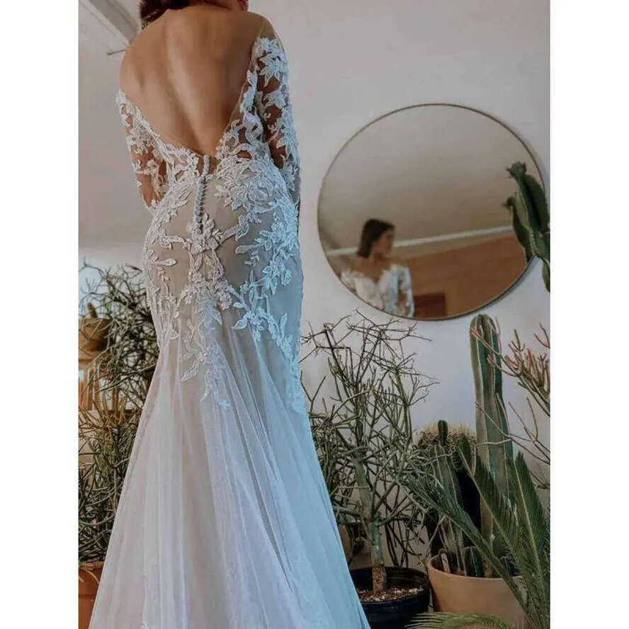 Boho Wedding Mermaid Long Sleeves Dresses Elegant Sheer Scoop Neck Lace Applique Sweep Train Beach Garden Plus Size Vestido Backless Bridal Gown De Bc