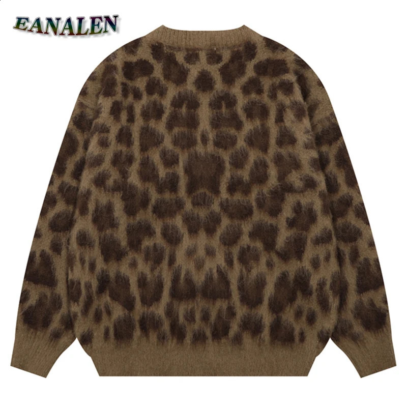 Harajuku retro leopard graphic sweater cardigan wool sweater womens winter casual oversized er skydiving grandpa ugly sweater jacket Y2K 241007
