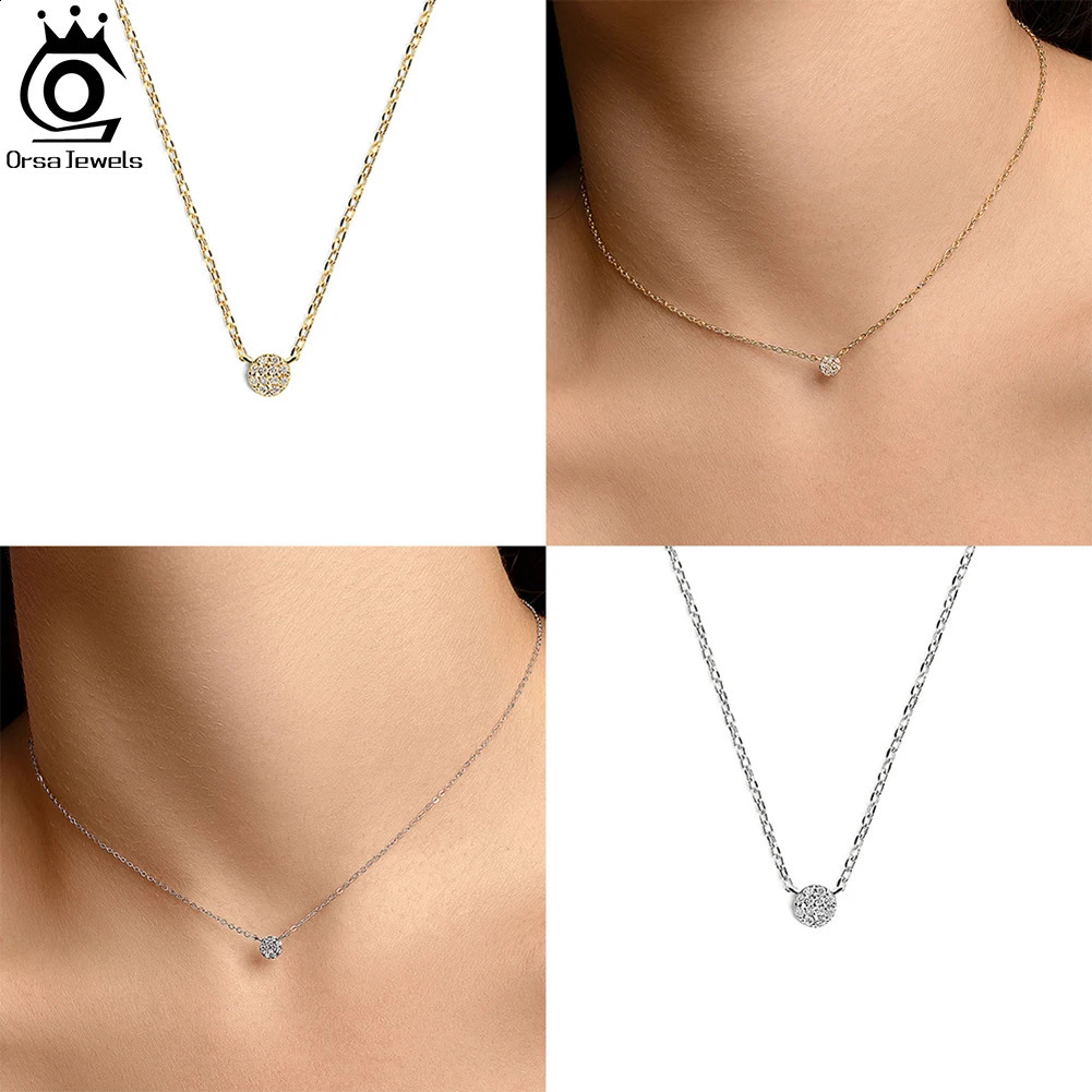 ORSA JEWELS Fashion 925 Pure Silver Jewelry Round Zircon Pendant Necklace Suitable for Women Fine Crystal Chain Necklace APN22 241018