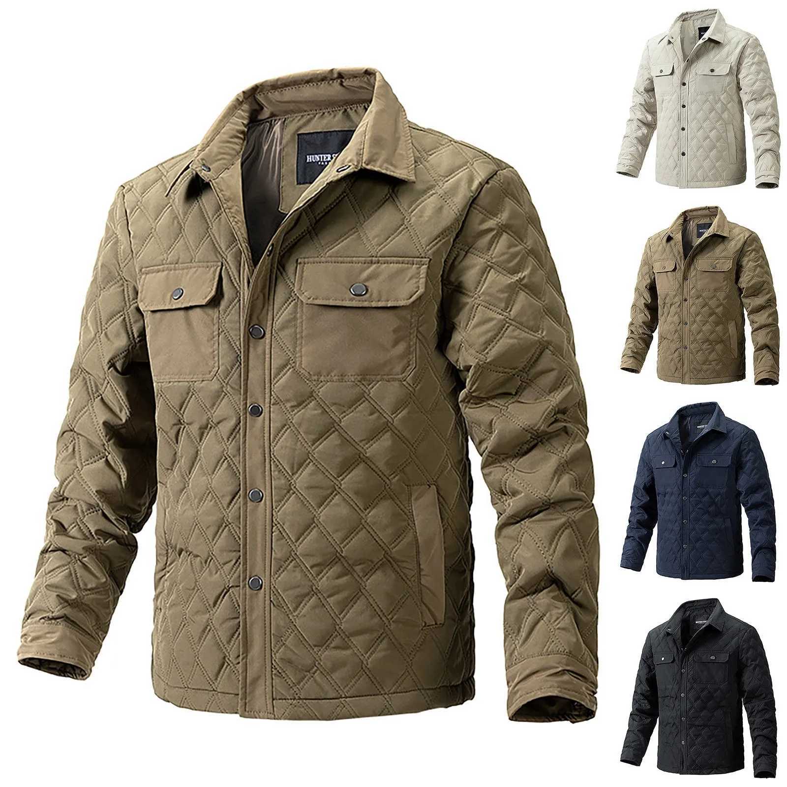 Diamond Plaid Casual Jacket Mens Autumn And Winter Padded Coats Double Pocket Lapel Cardigan Button Long Sleeve Hoodless Jackets LX241018