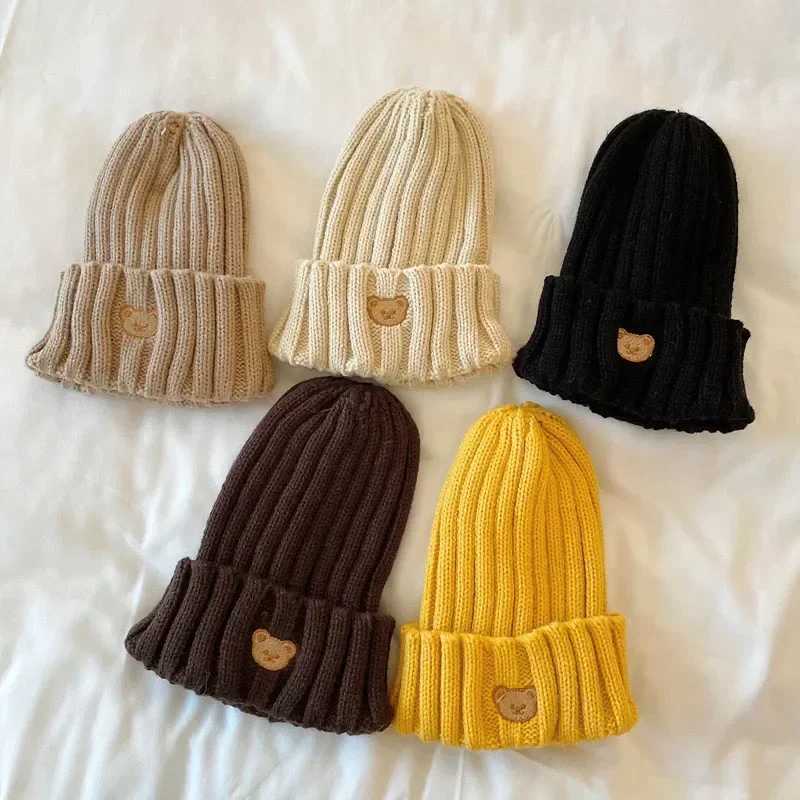 2023 Korea Spring Autumn Kids Boys Hat Candy Color Baby Boys Beanies Knit Hat Baby Girls Bear Head Embroidery Kids Knitted Hat LX241018