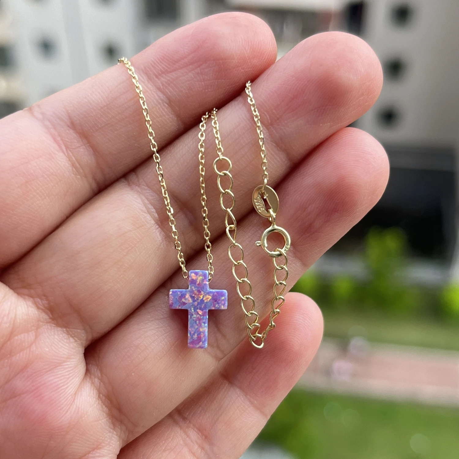 Synthetic OP03 Mint/OP05 Blue Cross Opal Necklace Fashion Cross Opal Necklace with Box Chain or O-Chain 241018