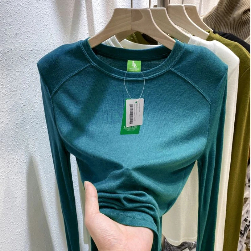 Womens Tshirt Long Sleeve Thin Soft O Neck Autumn Blouse Solid Color Green Fashion Elasticity Slim Shirts for Women 241018