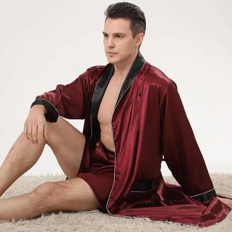 Men Satin Robe Set Loose Bathrobe Gown Long Sleeve 2PCS Sleewear Lapel Robe Shorts Male Casual Sleep Set Silky Pajamas SetXJ241018
