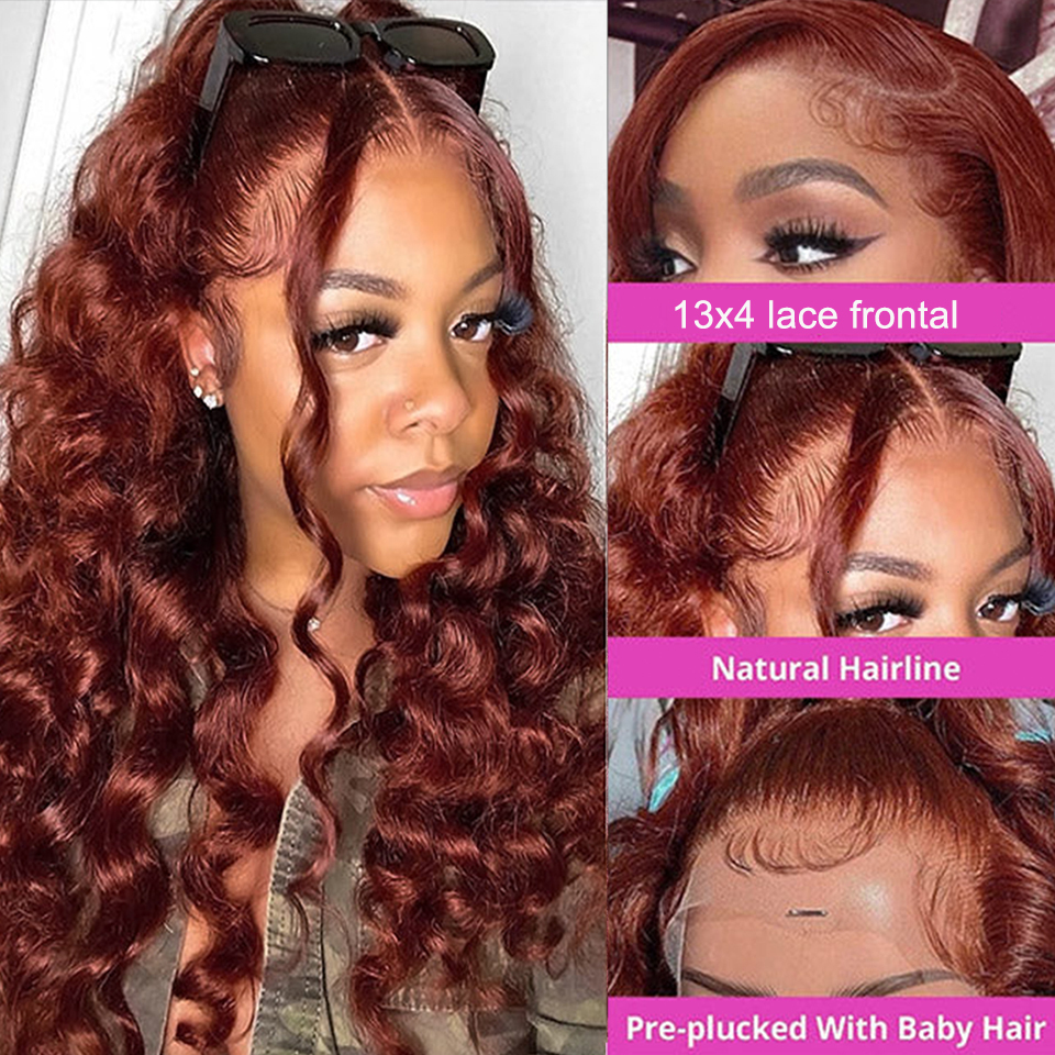 Loose Deep Wave 4X4 Closure 99J Bury Bundles With Closure Reddish Brown Colored Human Hair