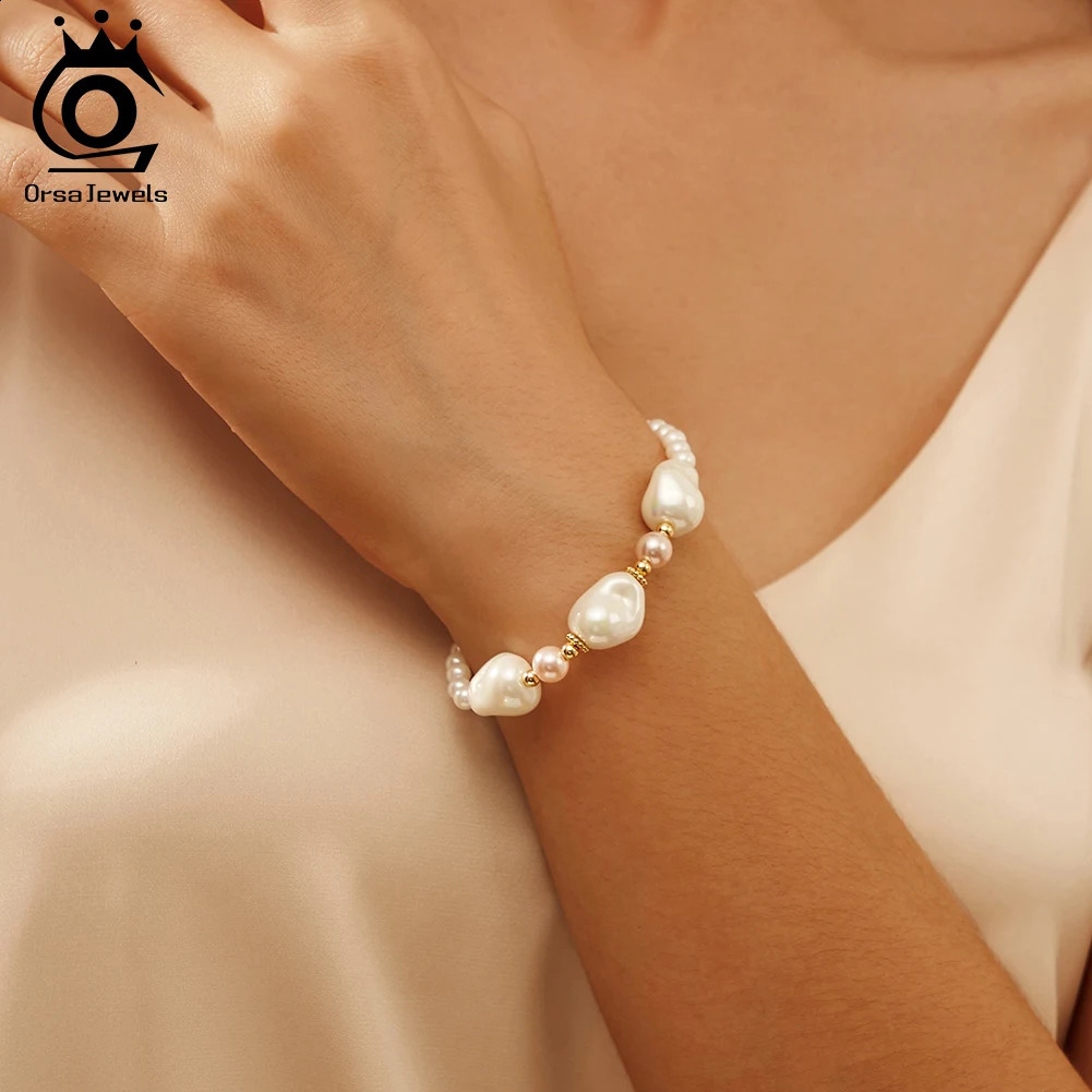 ORSA JEWELS Lucky Shell Pearl Bracelet 925 Pure Silver Irregular Shell Pearl Bracelet Party Jewelry Women PSB02 241017