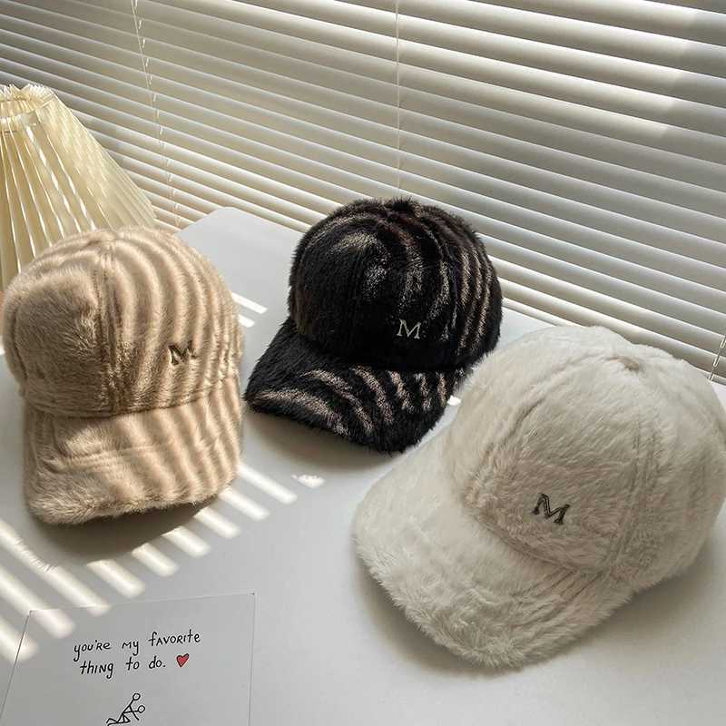 M Letter Rabbit Fur Blended Cap Ins Tide Brand Female Autumn and Winter All-match Plush Hat Suitable for Face Big Baseball CapsX241018