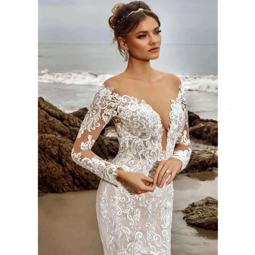 Long Bridal Gowns Mermaid Lace Illusion Scoop Necke Full Sleeves Chapel Train Plus Size Wedding Dresses Vestidos De Novia