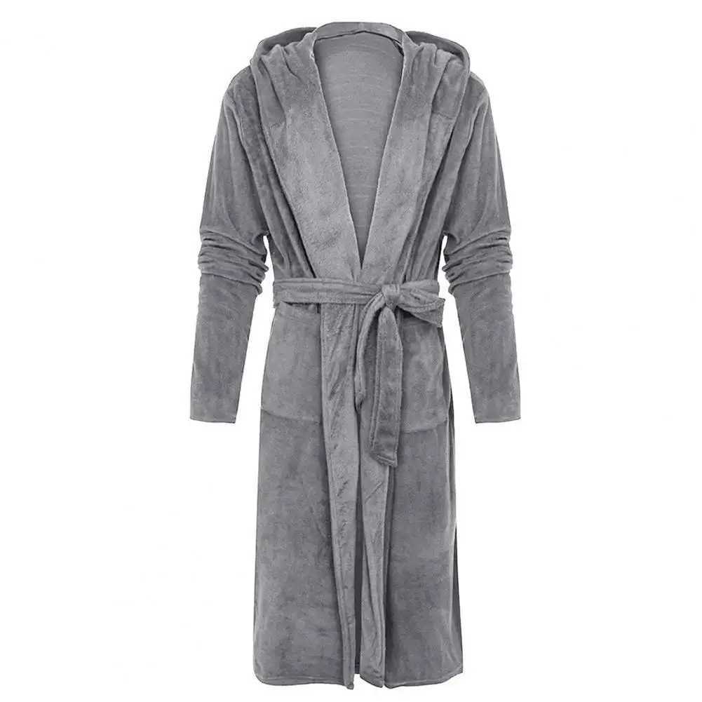 Long Sleeve Pocket Belt Solid Color Men Bathrobe Winter Warm Hooded Long Fleece Home Gown SleepwearXJ241018