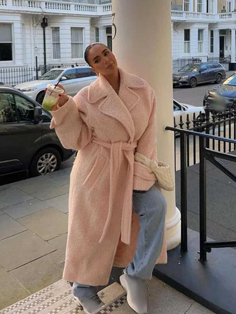 Sweet Pink With Belt Woolen Overcoat Women Fashion Lapel Long Sleeve Warm Long Coat 2024 Autumn Winter New Lady Street OuterwearX241009
